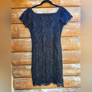Tiana B Black Open Shoulder Black Lace & Sequins Pullover Stretchy Lined Dress